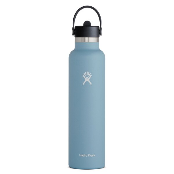 A light blue 24 ounce stainless steel Hydroflask water bottle with straw lid and handle strap.